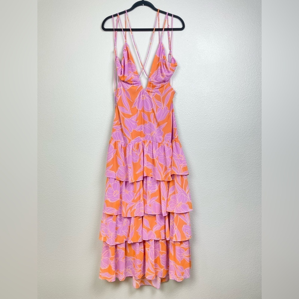 ASTR The Label Women's Large Aneira Dress Orange Purple Floral Maxi Ruffle Strap - Picture 4 of 16